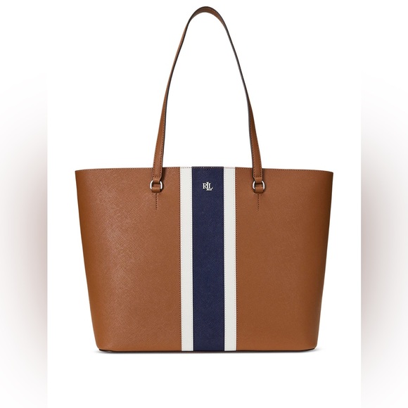 Lauren Ralph Lauren Karly Crosshatch Leather Medium Tan Blue Collegiate Tote Bag - Picture 1 of 13